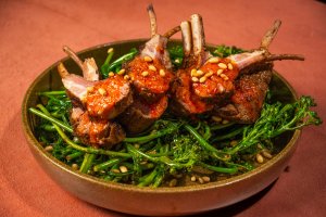Seared Lamb Chops and Charred Broccolini with Lemon Harissa Vinaigrette