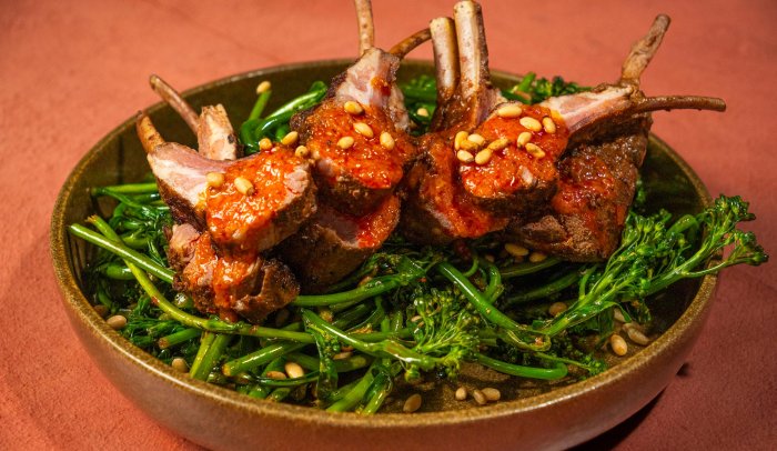 Seared Lamb Chops and Charred Broccolini with Lemon Harissa Vinaigrette