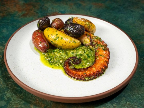 Braised Octopus with Roasted Fingerling Potatoes and Garlic Salsa Verde